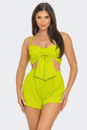 Front Oversized Bow Twisted Tie Top And Shorts Set - Farnelli