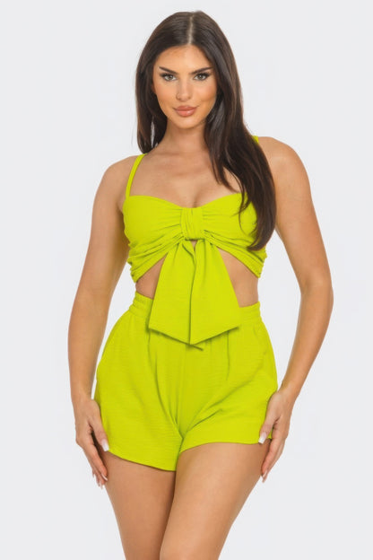 Front Oversized Bow Twisted Tie Top And Shorts Set - Farnelli