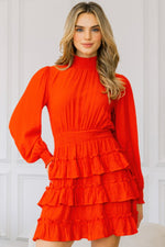 Long Sleeve Smocked Neck Tiered Ruffle Mini Dress - Farnelli