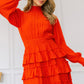 Long Sleeve Smocked Neck Tiered Ruffle Mini Dress - Farnelli