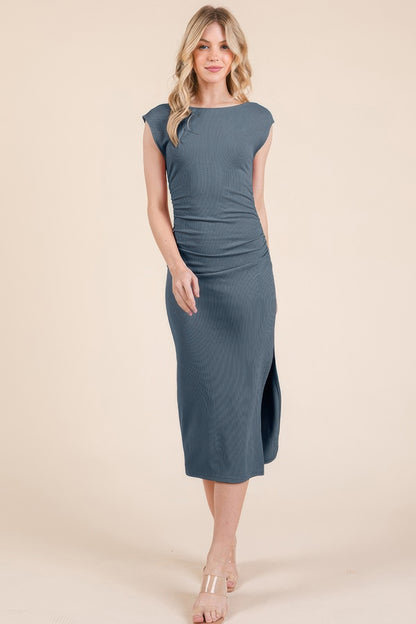 Cap Sleeve Boatneck Open Back Midi Dress - Farnelli
