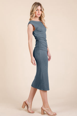 Cap Sleeve Boatneck Open Back Midi Dress - Farnelli