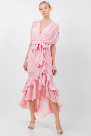Solid Tie Waist Ruffle Midi Dress - Farnelli