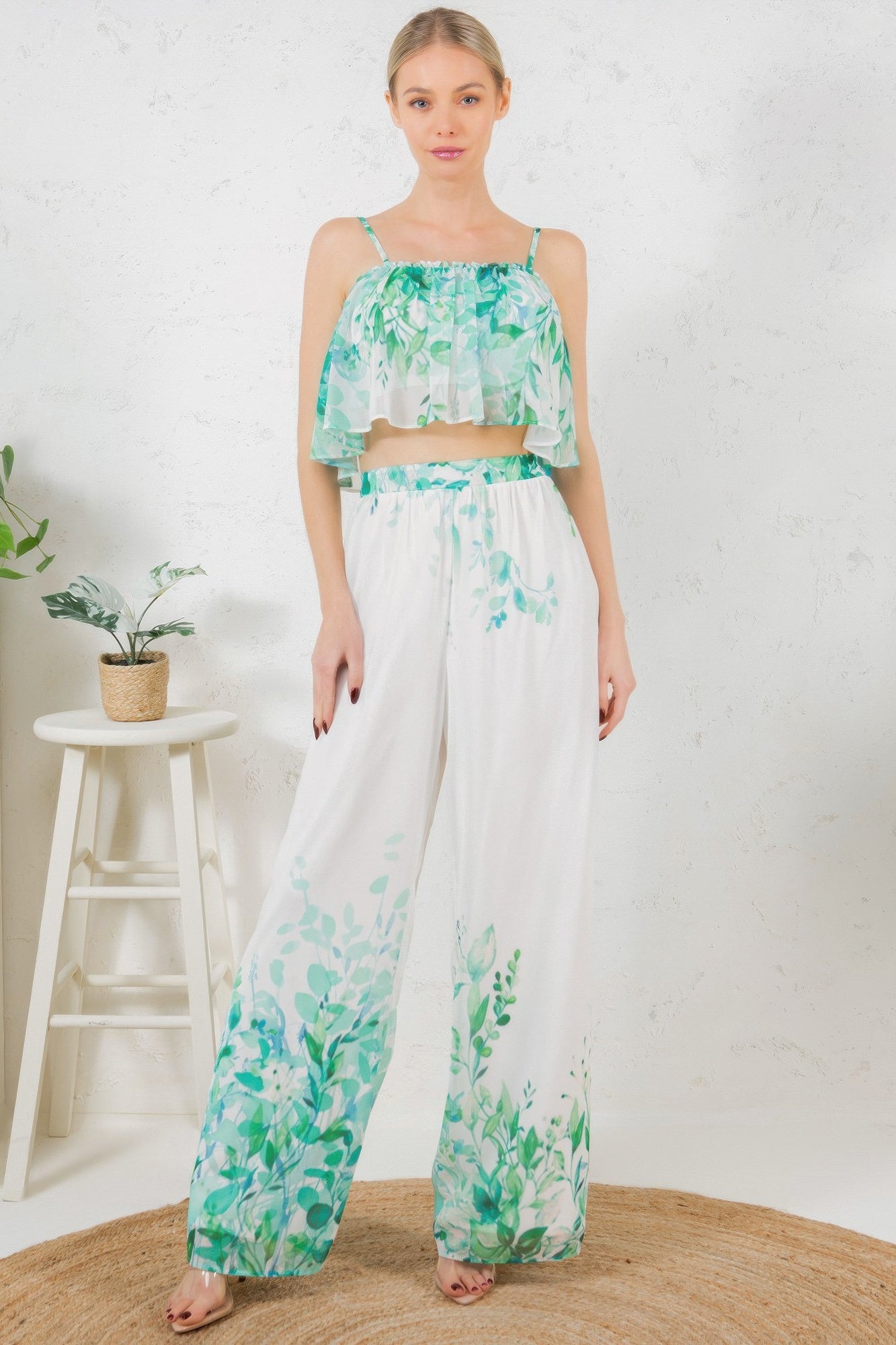 Printed Crop Top & Wide Leg Long Pants Set - Farnelli