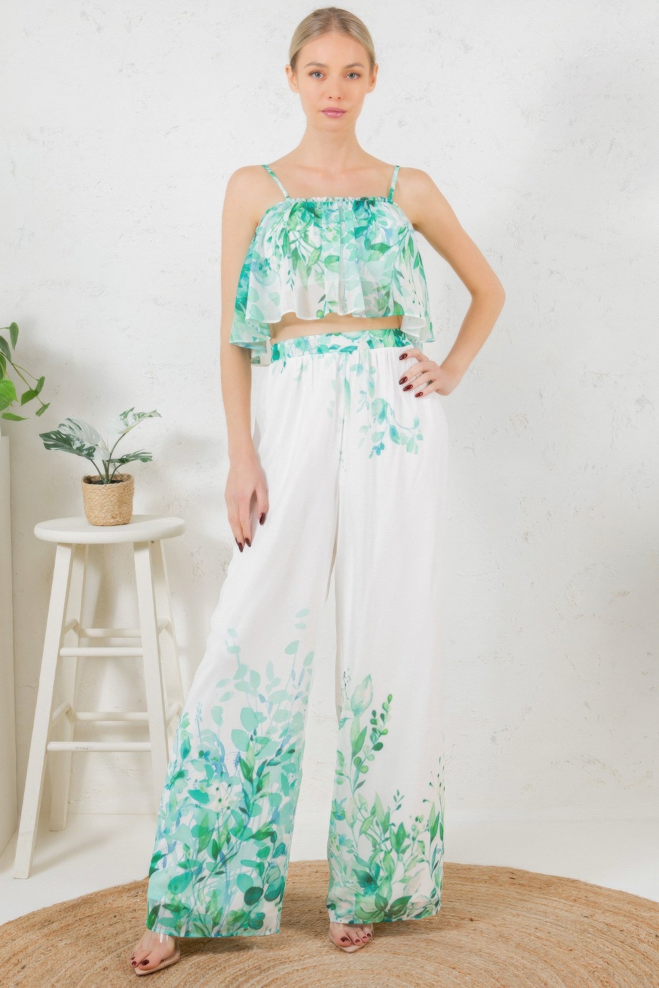 Printed Crop Top & Wide Leg Long Pants Set - Farnelli