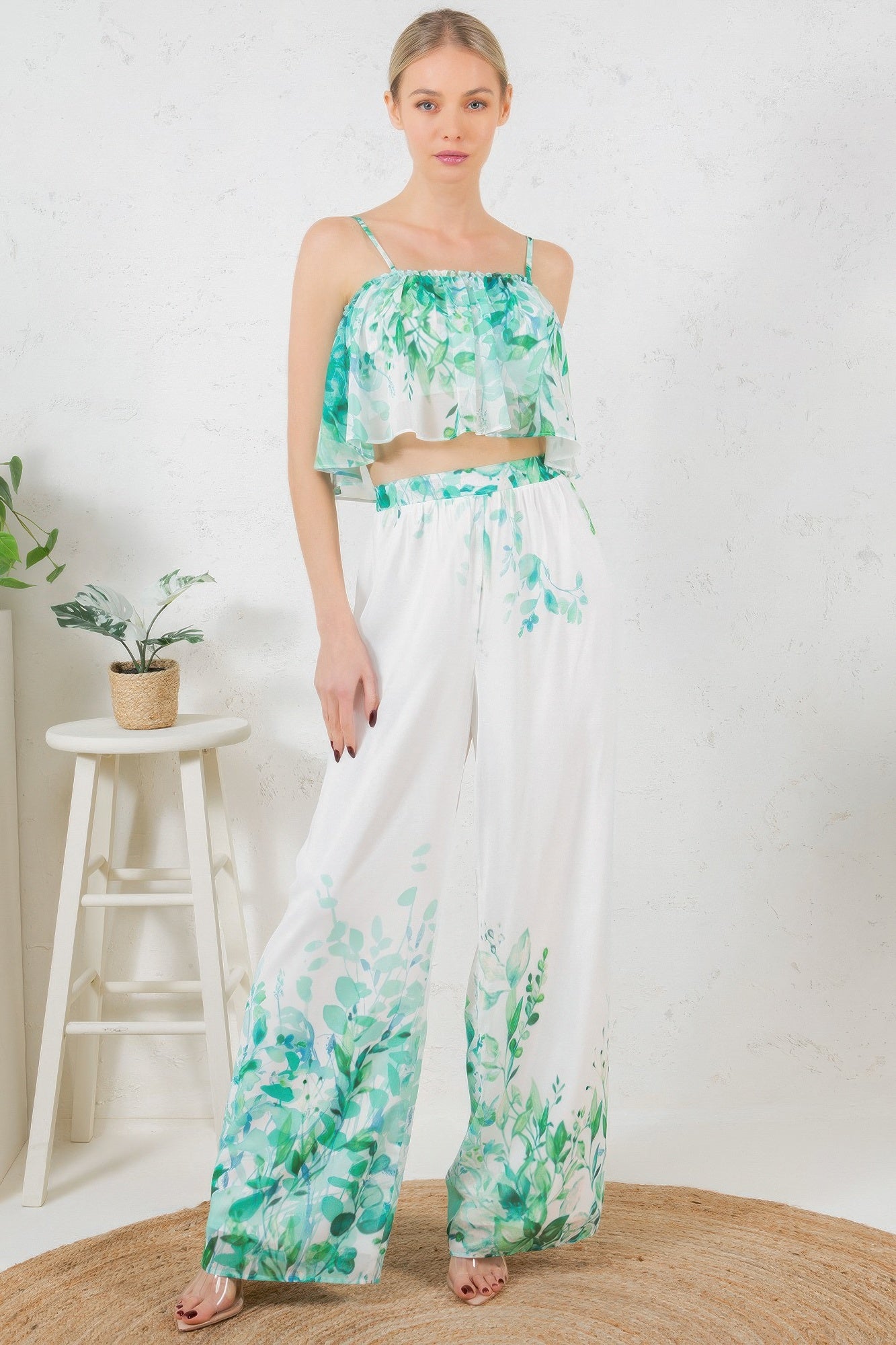 Printed Crop Top & Wide Leg Long Pants Set - Farnelli