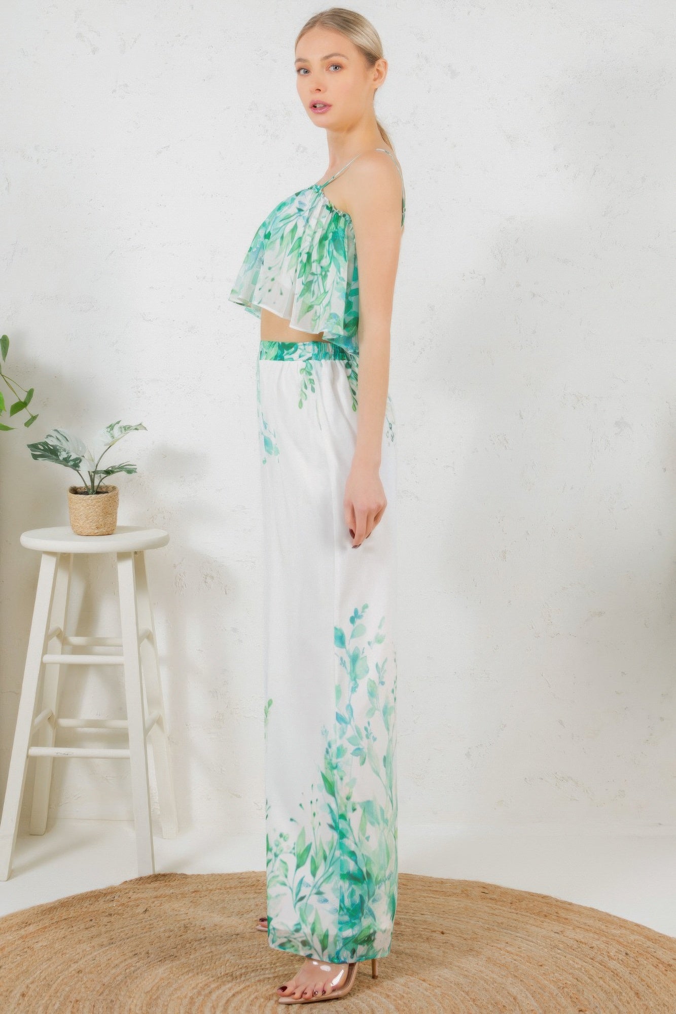 Printed Crop Top & Wide Leg Long Pants Set - Farnelli