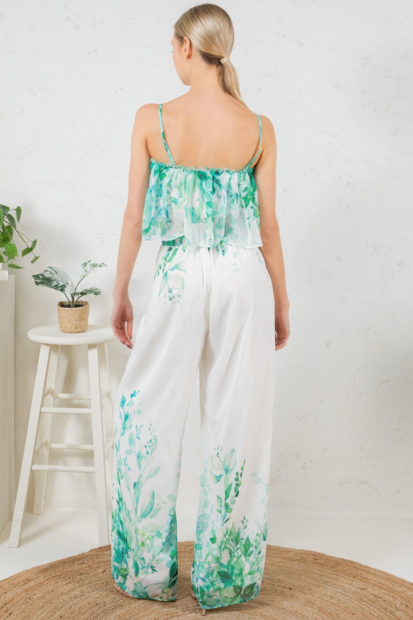 Printed Crop Top & Wide Leg Long Pants Set - Farnelli