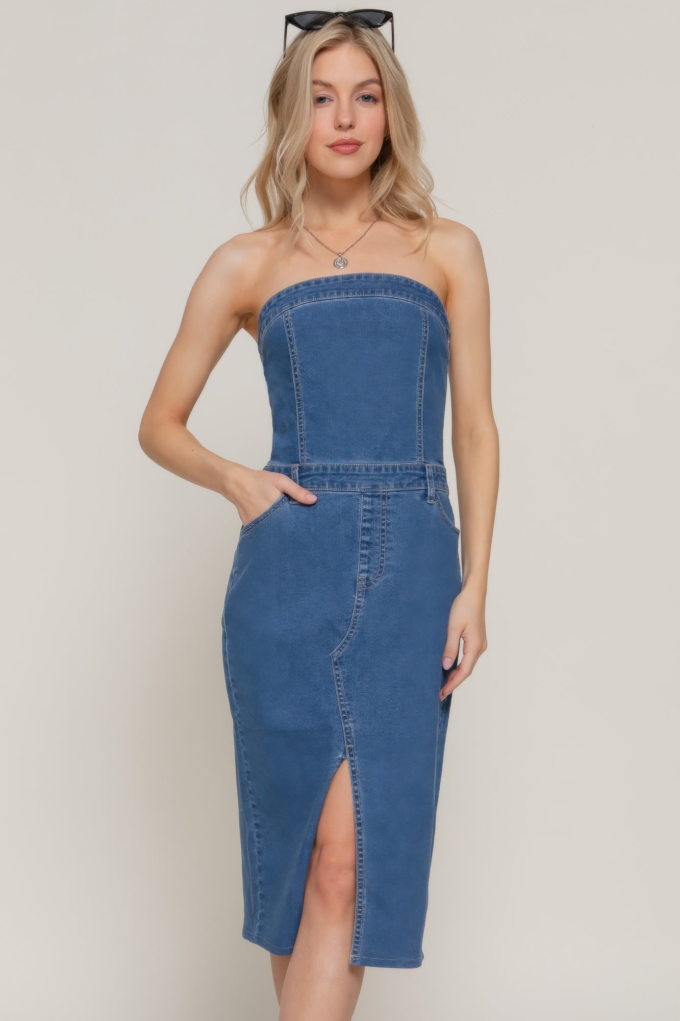 Stretch Denim Slit Tube Dress - Farnelli