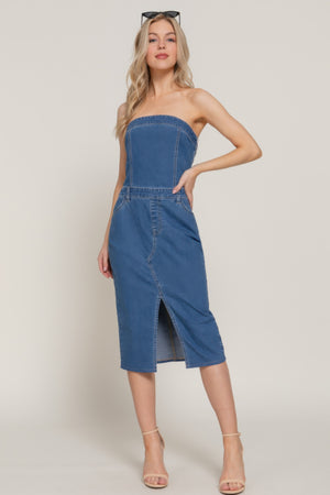 Stretch Denim Slit Tube Dress - Farnelli