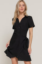 Button Down Side Bow Linen Effect Mini Dress - Farnelli