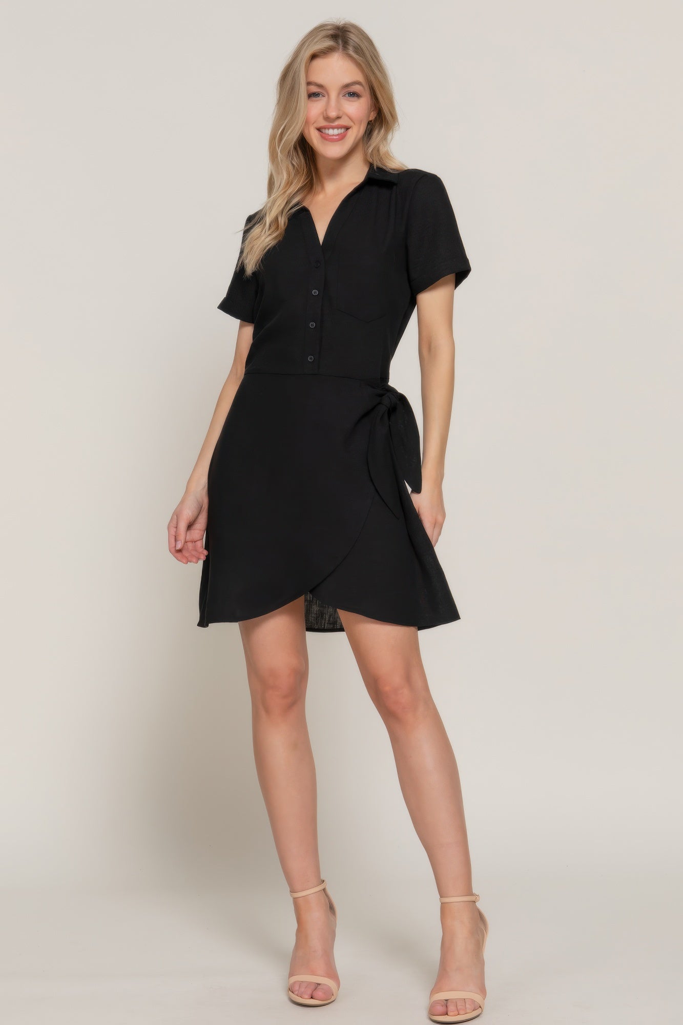 Button Down Side Bow Linen Effect Mini Dress - Farnelli