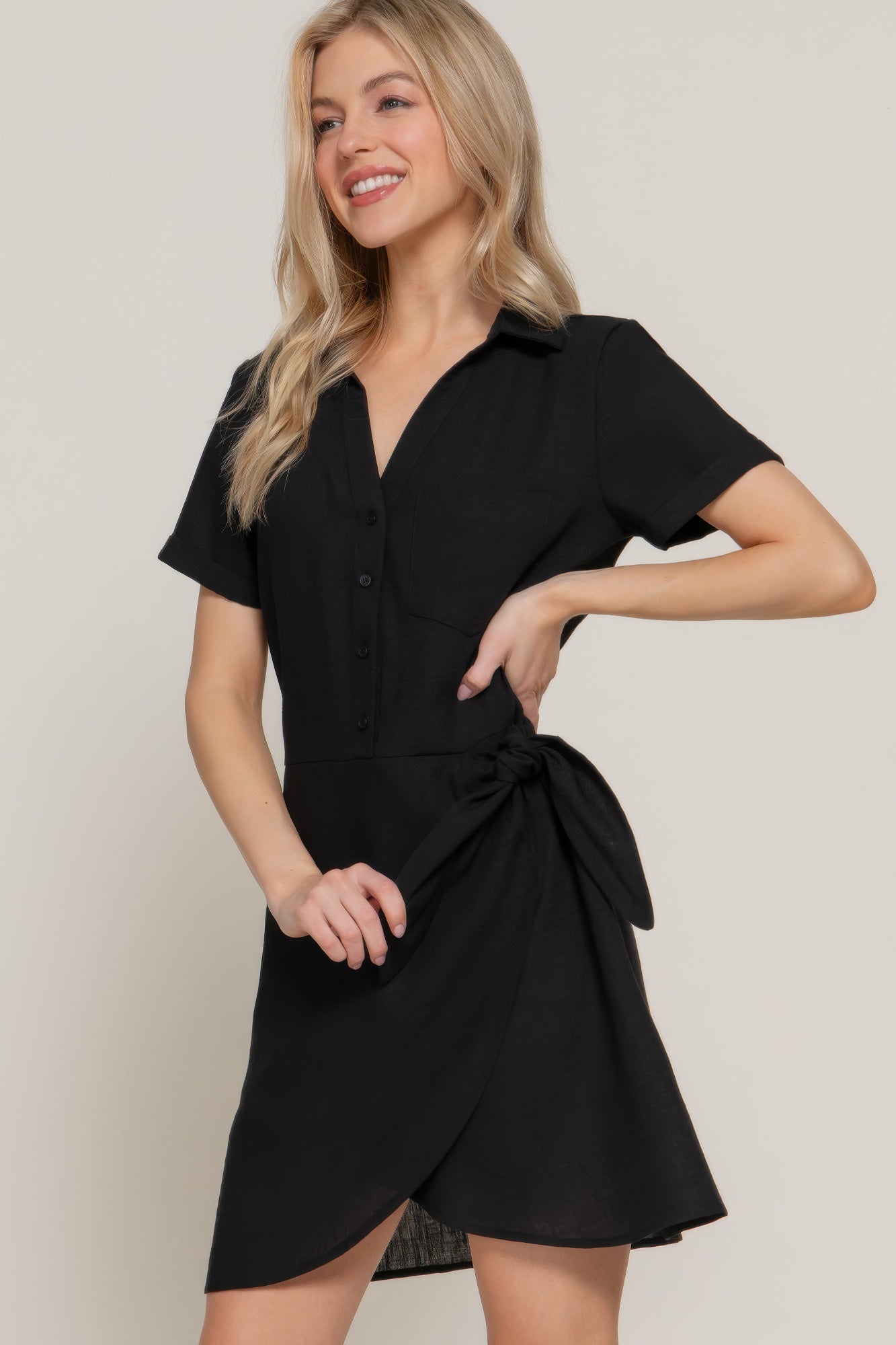 Button Down Side Bow Linen Effect Mini Dress - Farnelli