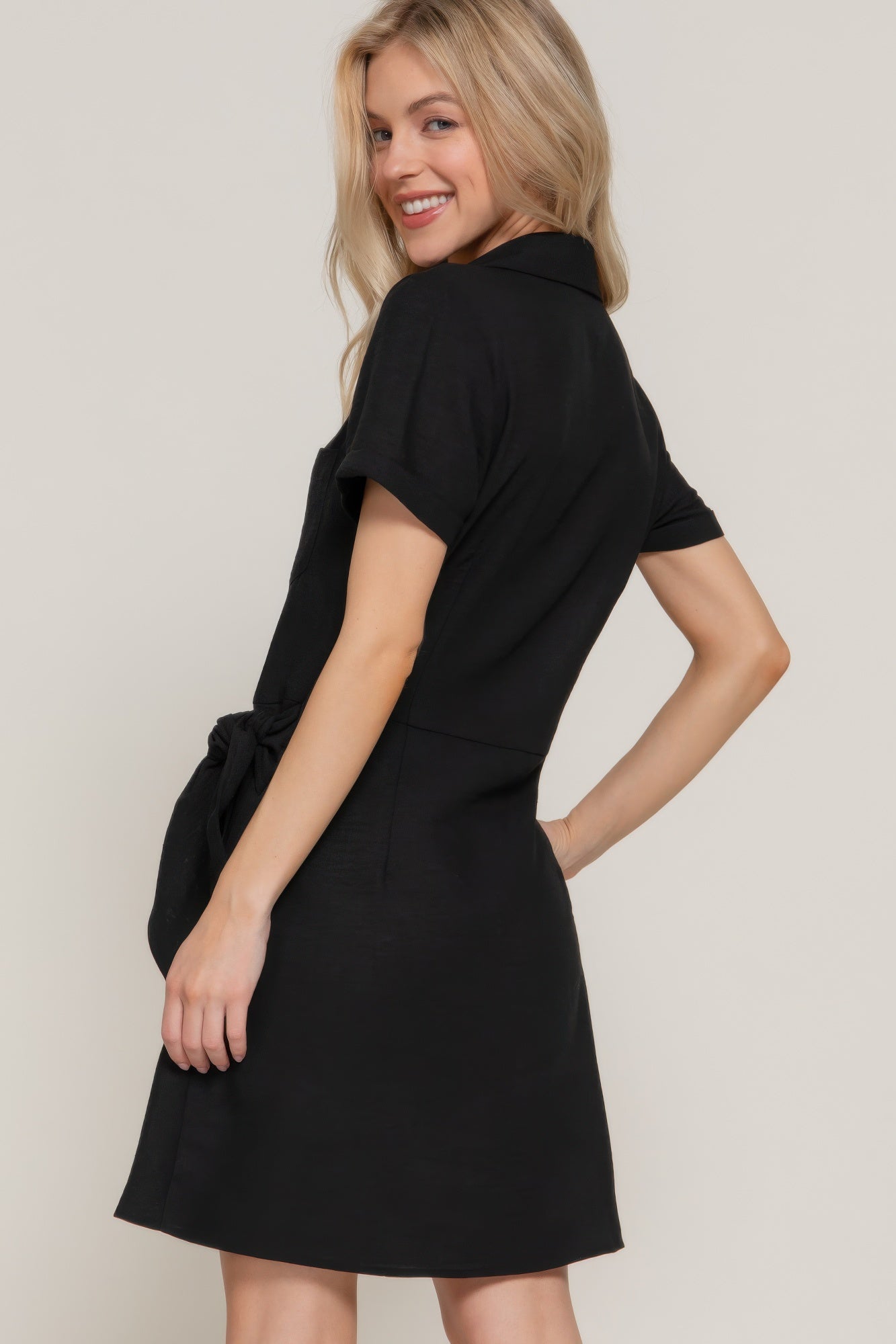 Button Down Side Bow Linen Effect Mini Dress - Farnelli