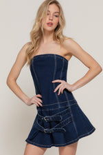 Strapless Stretch Denim Mini Pleats Dress - Farnelli