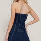 Strapless Stretch Denim Mini Pleats Dress - Farnelli