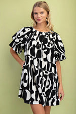 Geometric Print Loose Fit Mini Dress With Gathered Balloon Sleeves - Farnelli