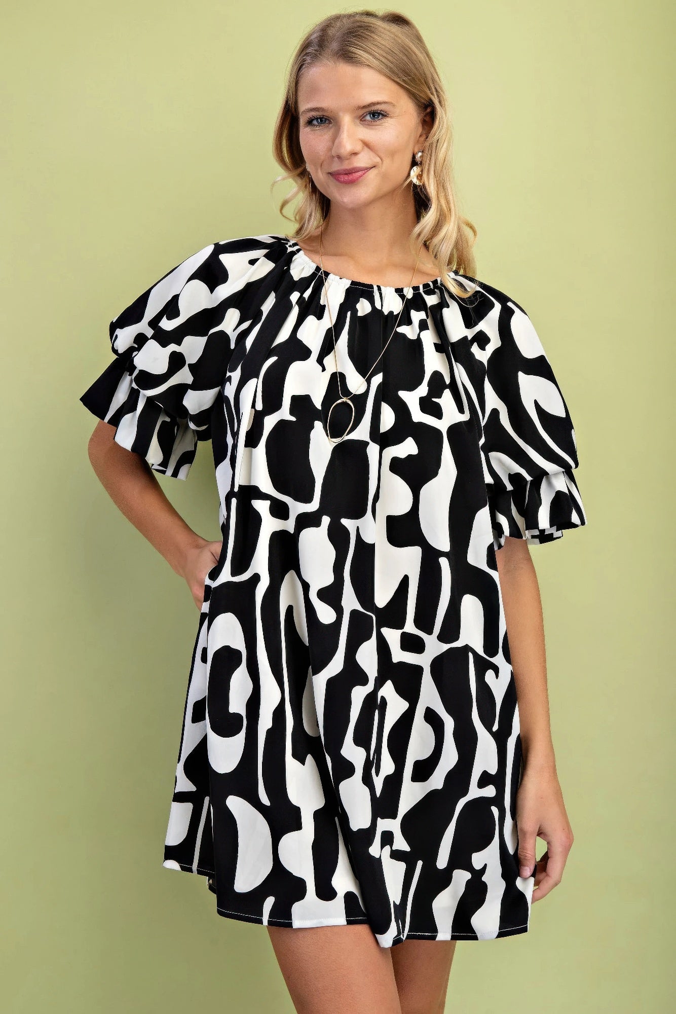Geometric Print Loose Fit Mini Dress With Gathered Balloon Sleeves - Farnelli
