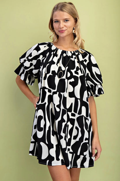 Geometric Print Loose Fit Mini Dress With Gathered Balloon Sleeves - Farnelli