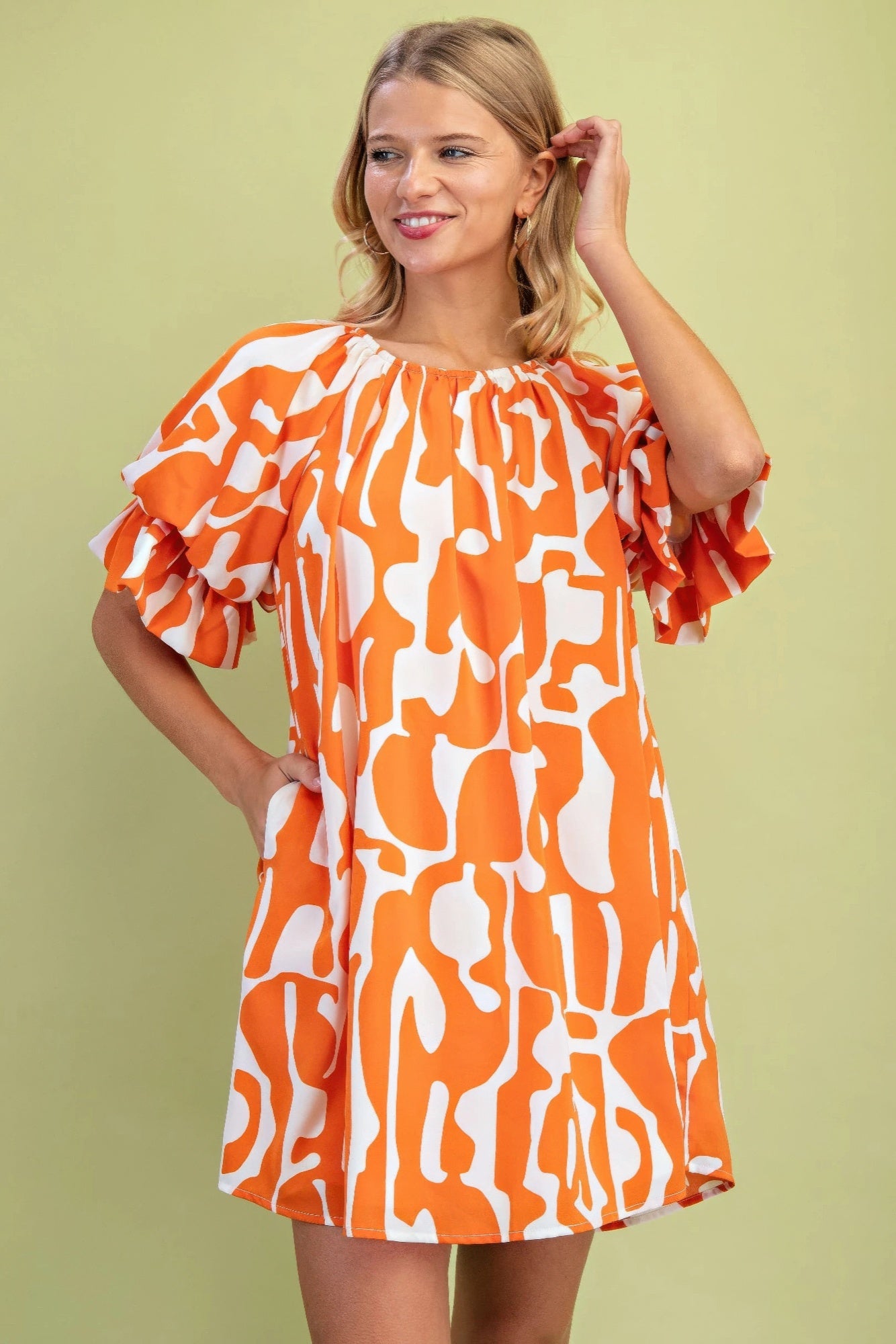 Geometric Print Loose Fit Mini Dress With Gathered Balloon Sleeves - Farnelli