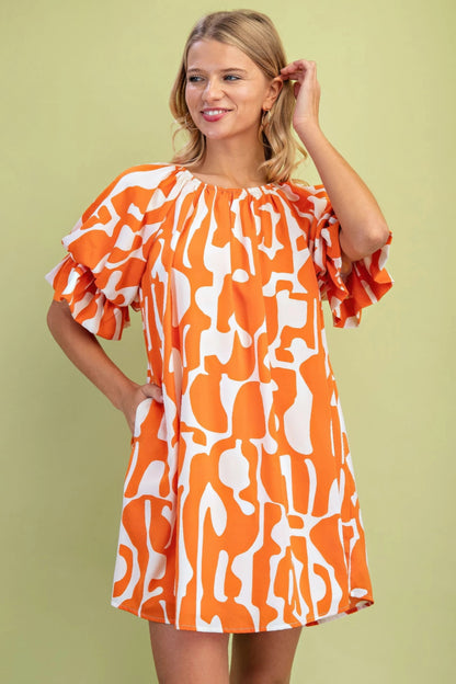 Geometric Print Loose Fit Mini Dress With Gathered Balloon Sleeves - Farnelli