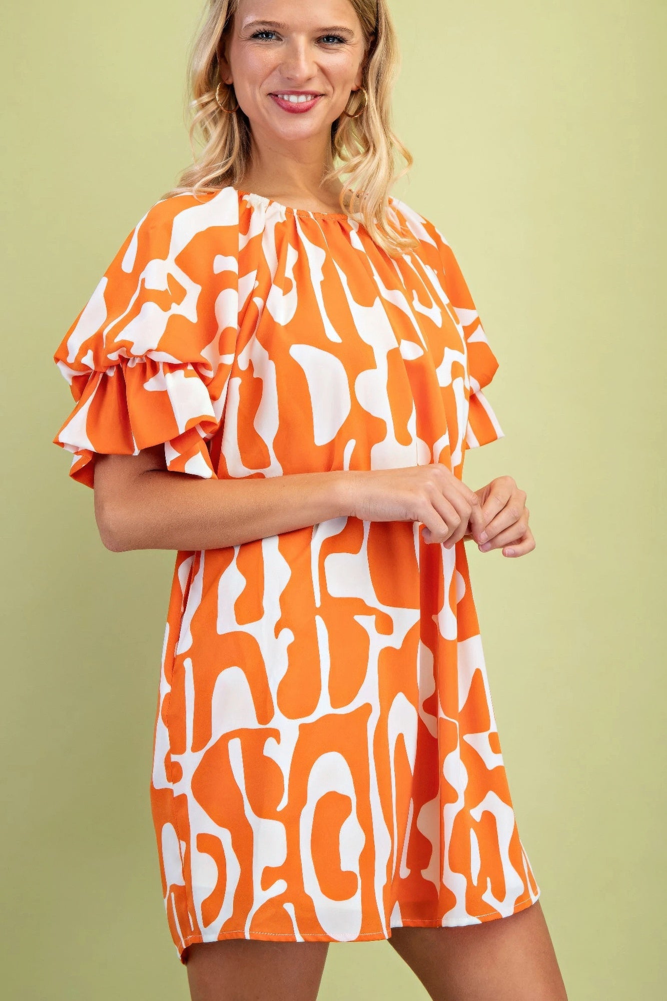 Geometric Print Loose Fit Mini Dress With Gathered Balloon Sleeves - Farnelli