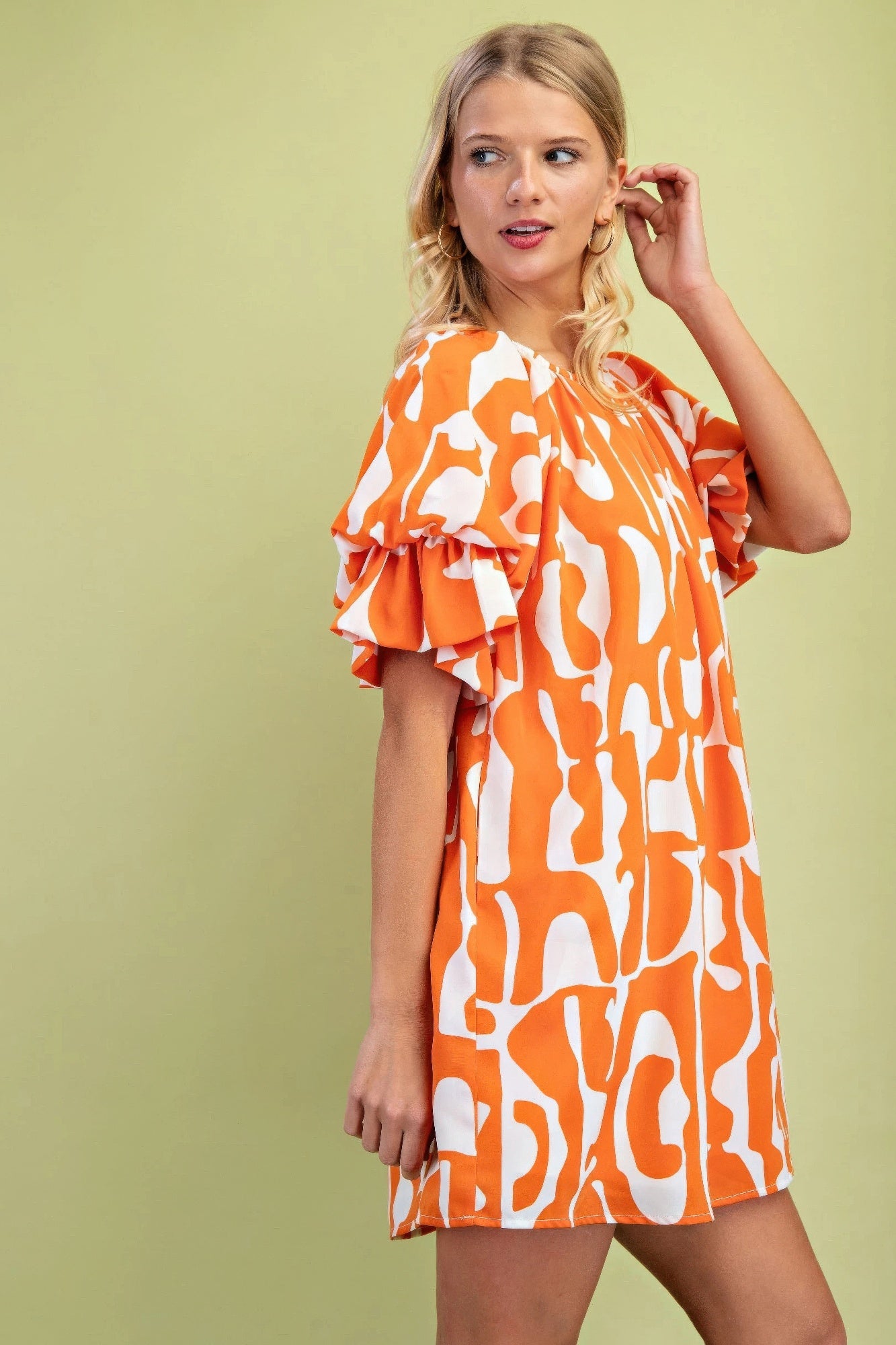Geometric Print Loose Fit Mini Dress With Gathered Balloon Sleeves - Farnelli