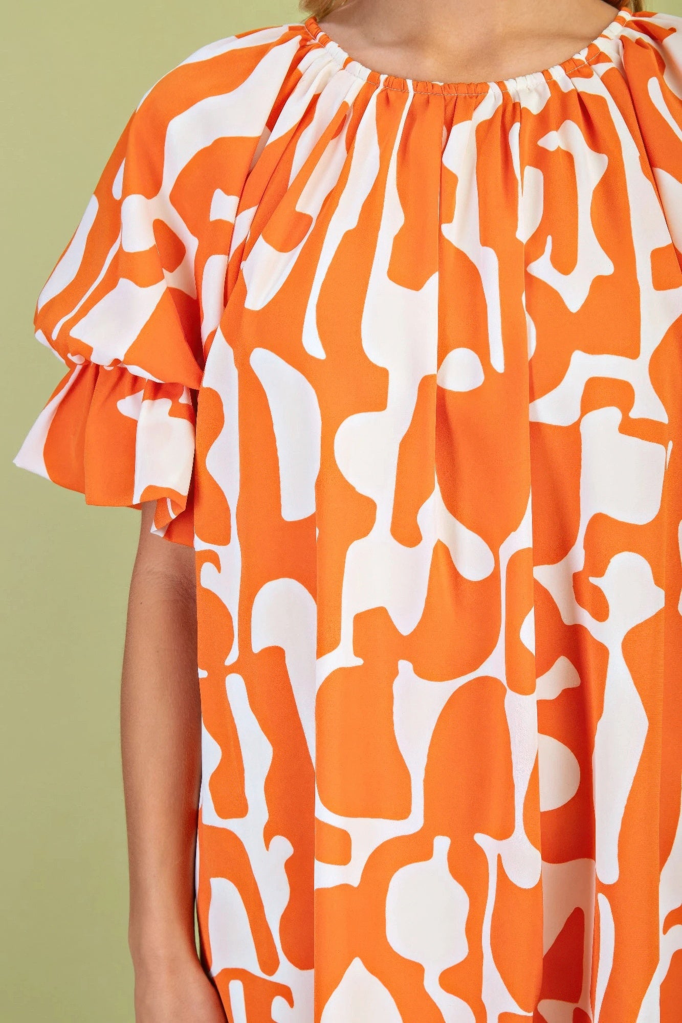Geometric Print Loose Fit Mini Dress With Gathered Balloon Sleeves - Farnelli