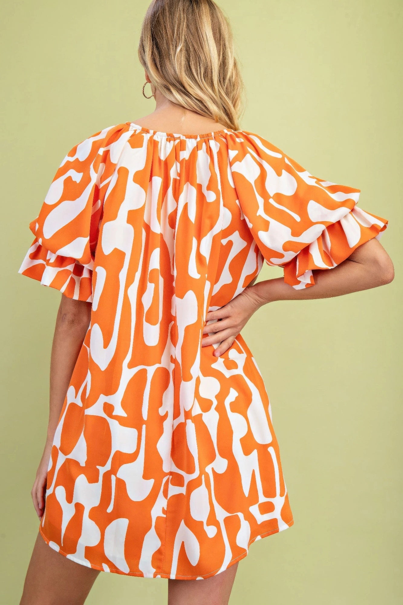 Geometric Print Loose Fit Mini Dress With Gathered Balloon Sleeves - Farnelli