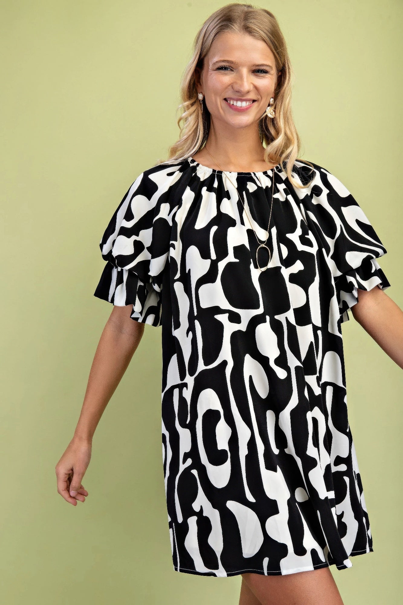 Geometric Print Loose Fit Mini Dress With Gathered Balloon Sleeves - Farnelli