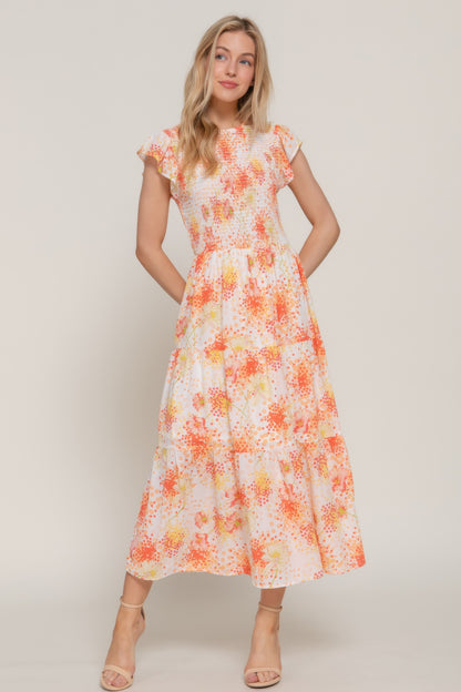 Ruffl Slv Smocked Floral Print Dresss - Farnelli