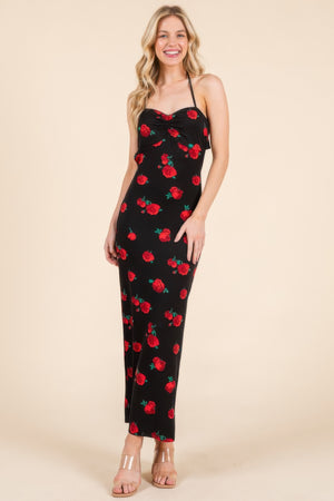 Sweet Heart Gathered Open Back Print Midi Dress - Farnelli