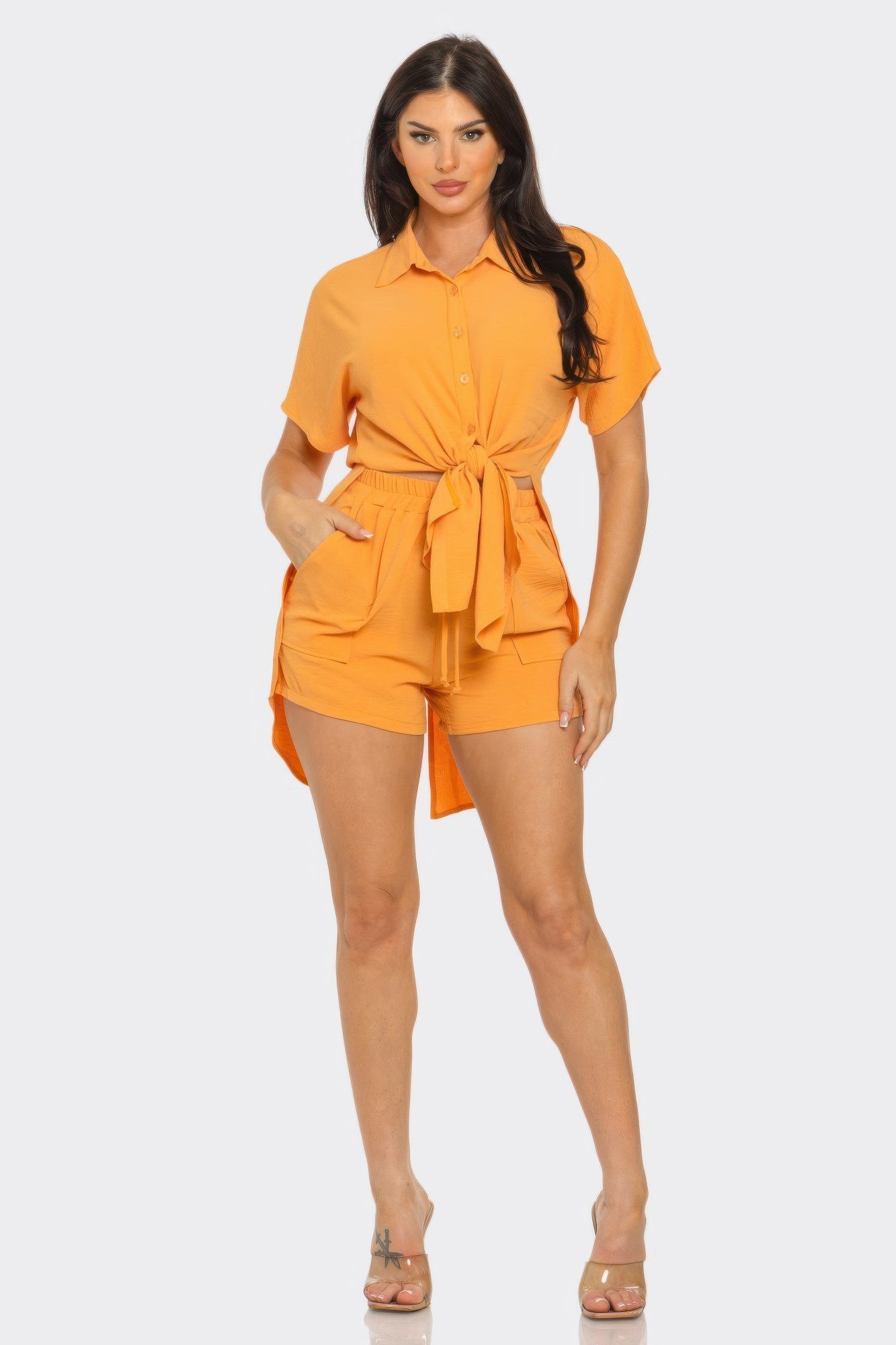 Front Tie Back Oversized Slit Top And Shorts Set - Farnelli
