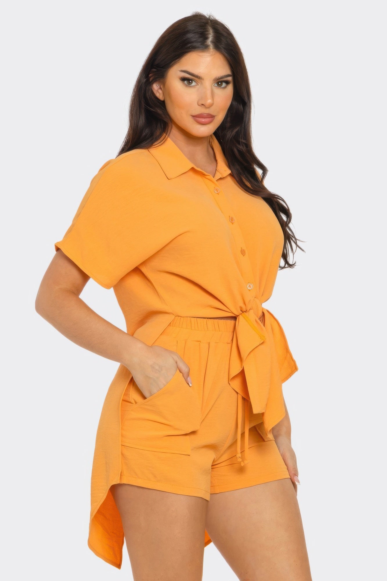 Front Tie Back Oversized Slit Top And Shorts Set - Farnelli