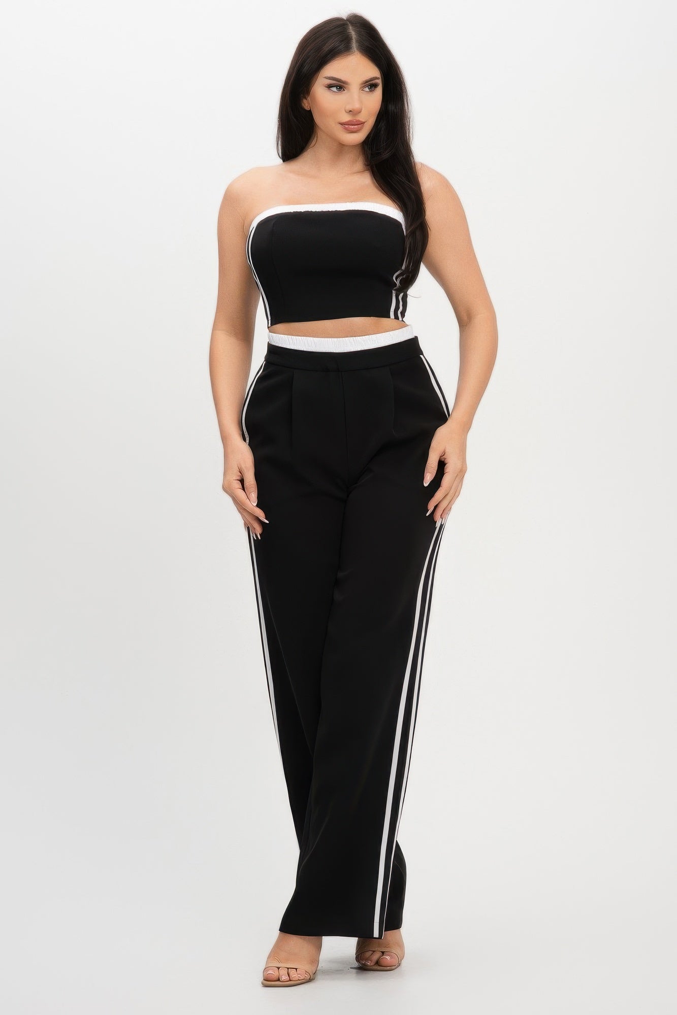 Stripe Tapping Contrast Elastic Band Toppants Set - Farnelli