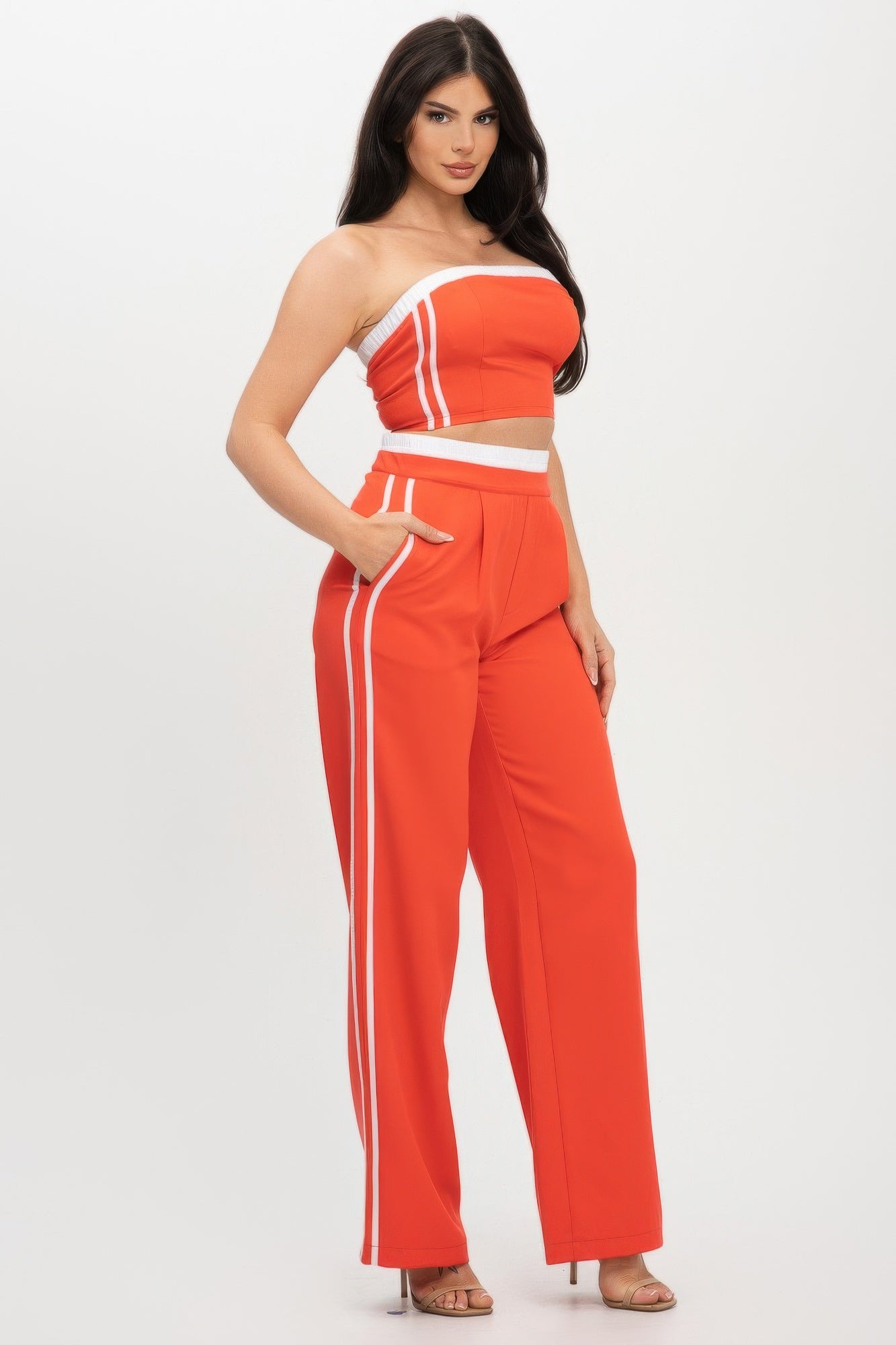 Stripe Tapping Contrast Elastic Band Toppants Set - Farnelli