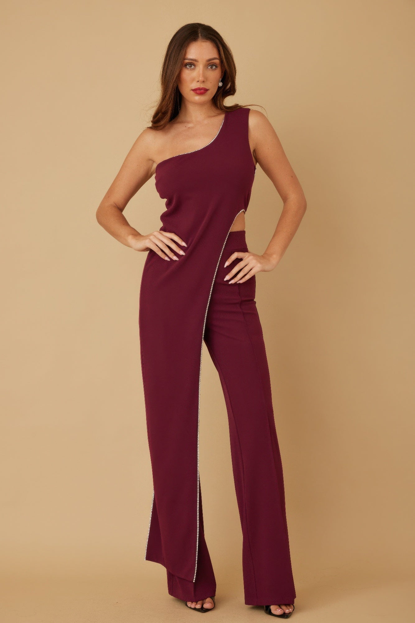 One Shoulder Strap Draped Layer W Rhinestone Sets - Farnelli