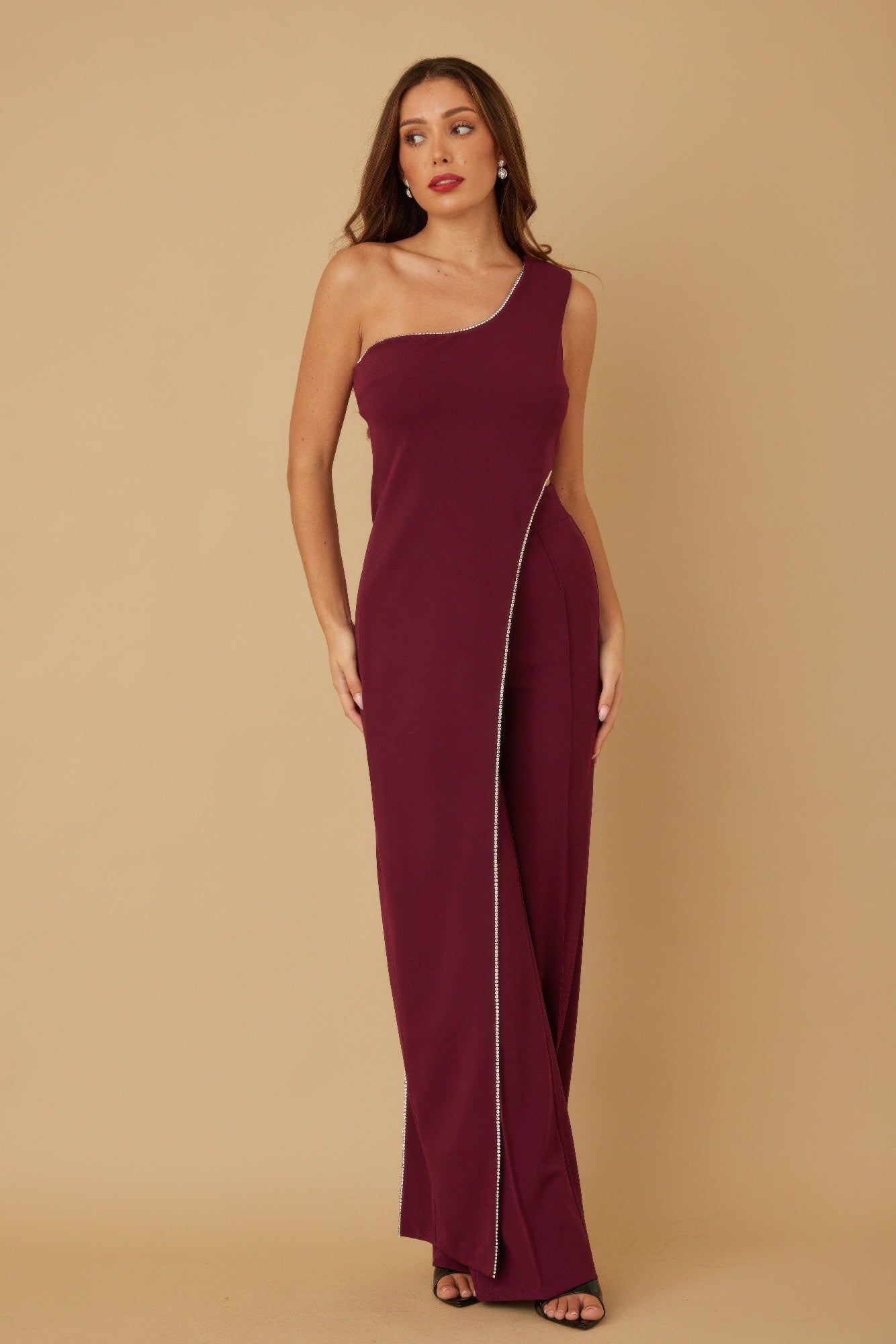 One Shoulder Strap Draped Layer W Rhinestone Sets - Farnelli