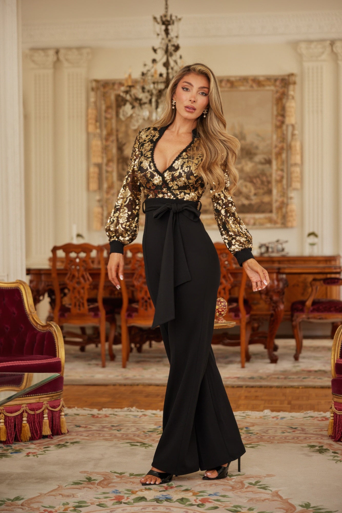Flower Vein Sequin Print Jumpsuit - Farnelli