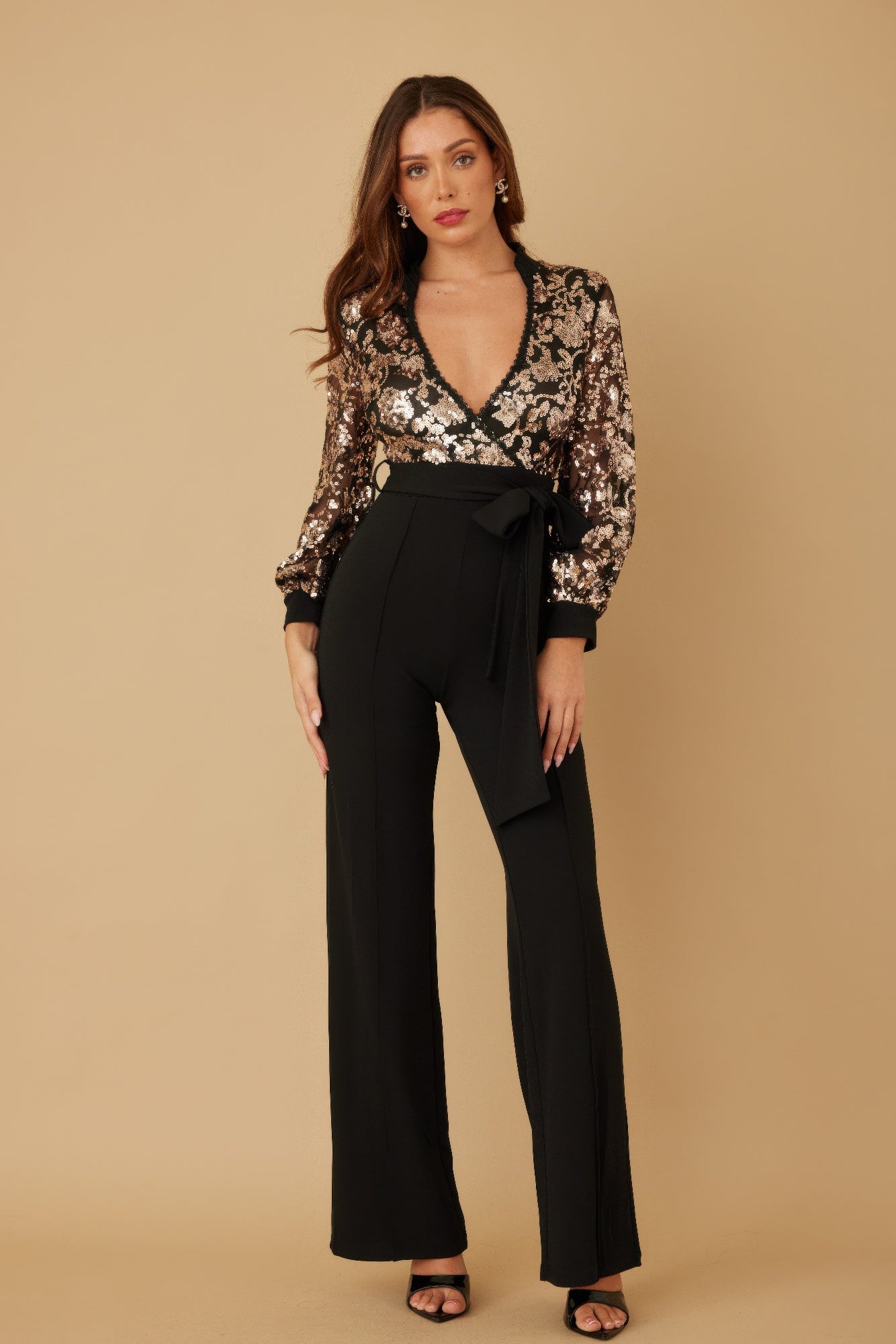Flower Vein Sequin Print Jumpsuit - Farnelli