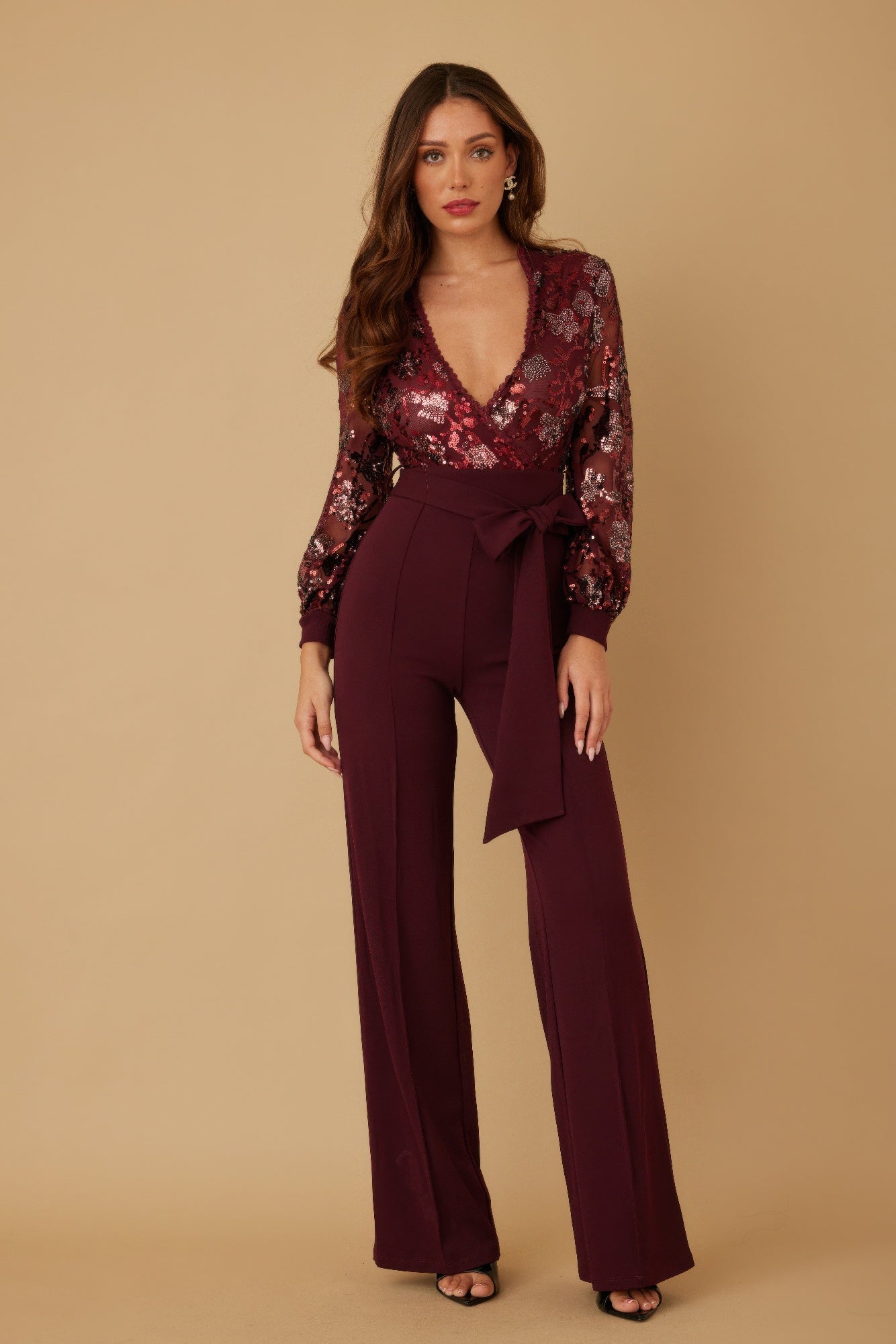 Flower Vein Sequin Print Jumpsuit - Farnelli