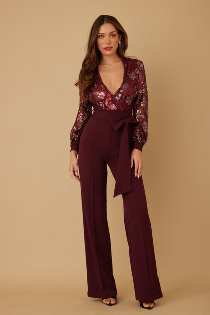 Flower Vein Sequin Print Jumpsuit - Farnelli