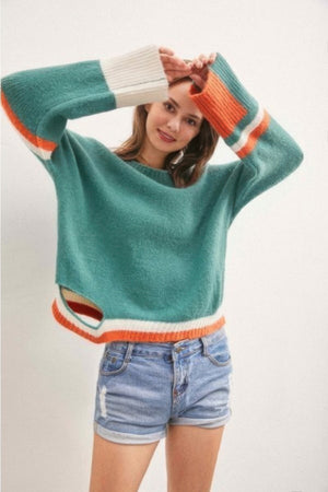 Color Block Sweater With Cut Out - Farnelli
