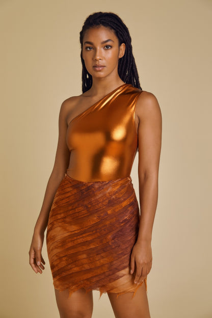 Metallic One Shoulder Bodysuit & Mini Skirt Set - Farnelli