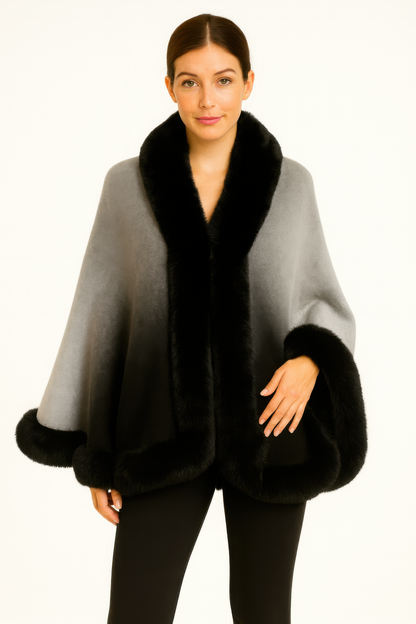Ombre Faux Fur Trim Cape Wrap - Farnelli