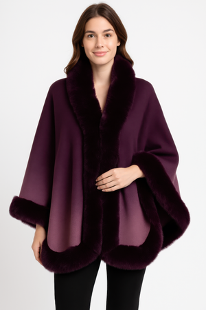 Ombre Faux Fur Trim Cape Wrap - Farnelli
