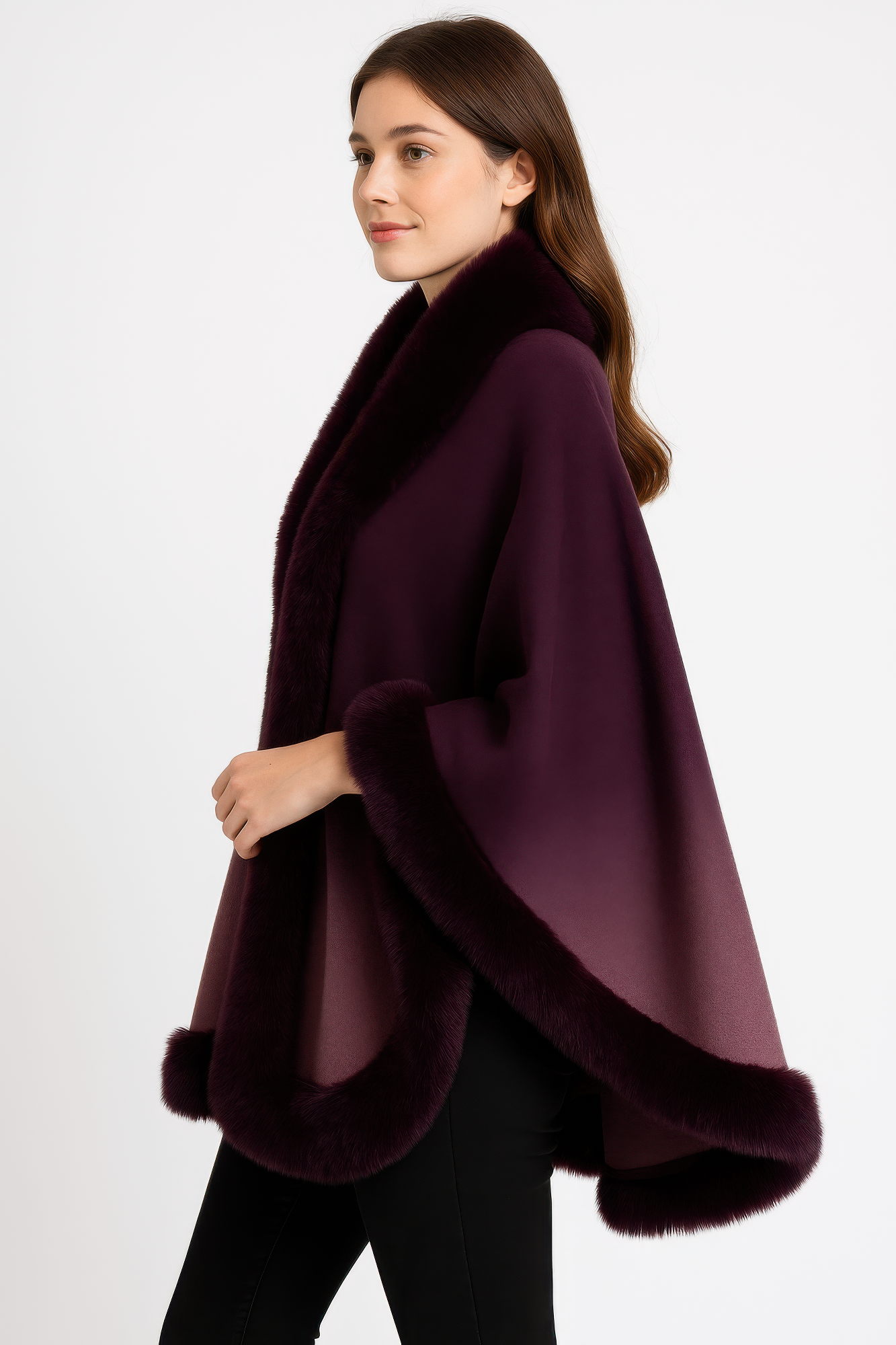 Ombre Faux Fur Trim Cape Wrap - Farnelli