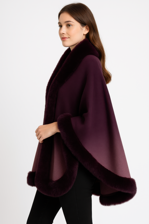 Ombre Faux Fur Trim Cape Wrap - Farnelli