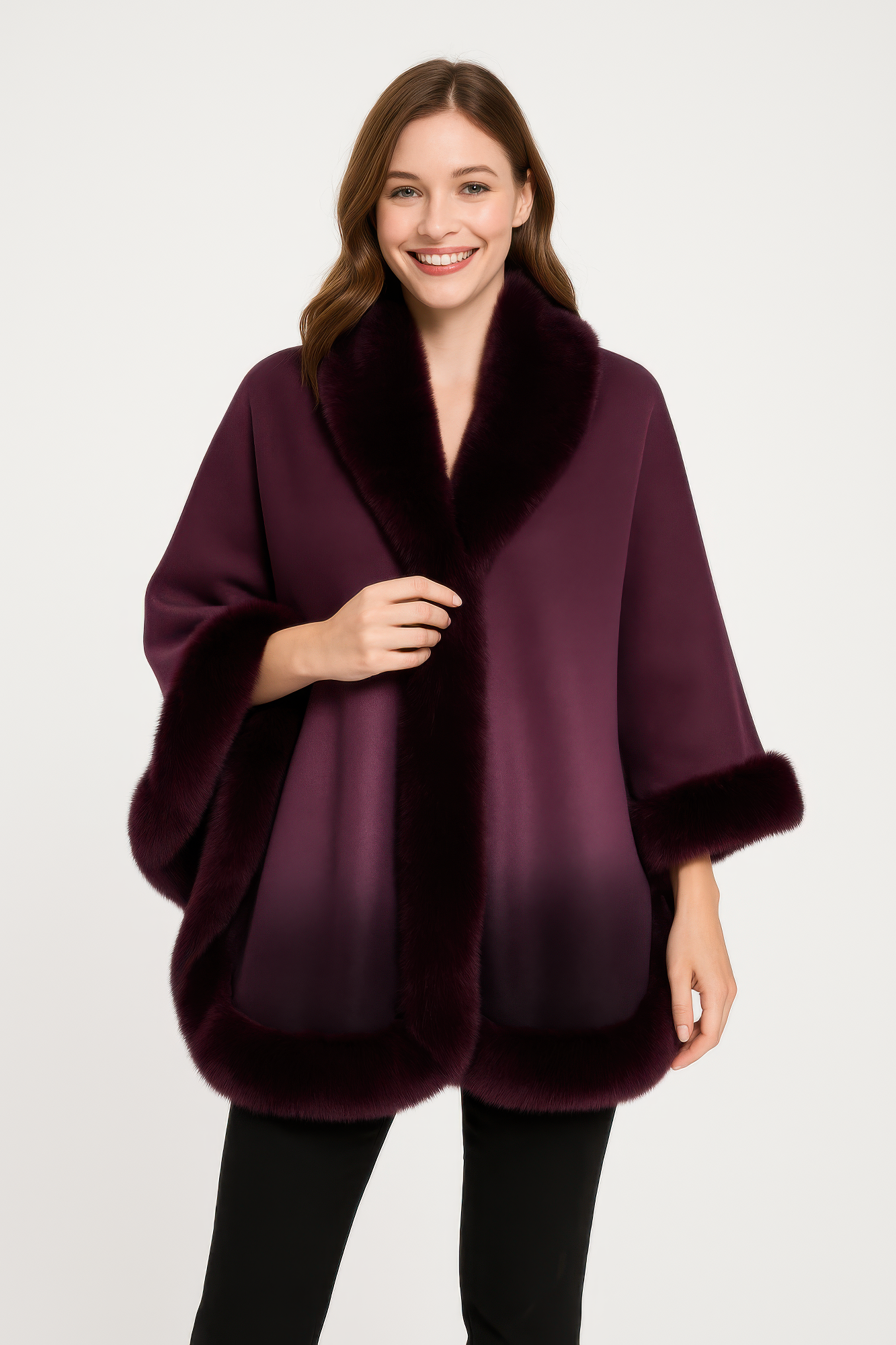 Ombre Faux Fur Trim Cape Wrap - Farnelli