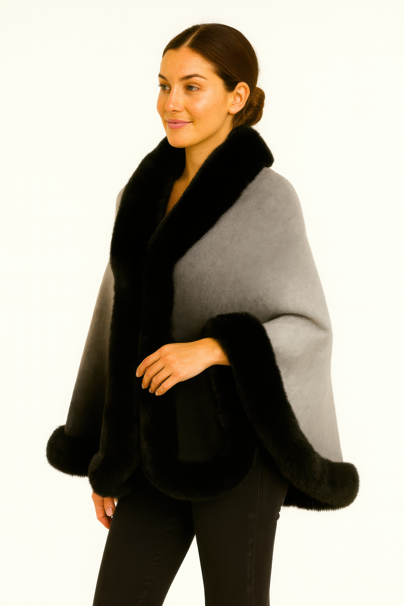 Ombre Faux Fur Trim Cape Wrap - Farnelli
